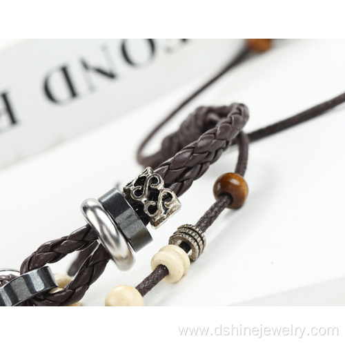 Handmade Weaved Alloy Leaf Pendant Leather Bracelet Men